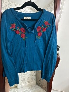 Hollister Teal Lace-Up Long Sleeve Top with Red Rose Embroidery